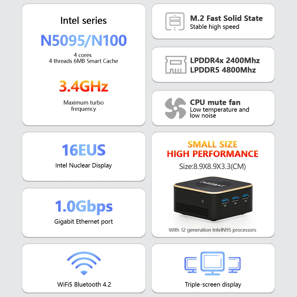 Игровой мини-ПК FIREBAT T8 PLUS, процессор Intel N100, Windows 11, LPDDR5 16 Гб ОЗУ 512 ГБ SSD NVME M2 WIFI5 BT4.2, Настольный ПК