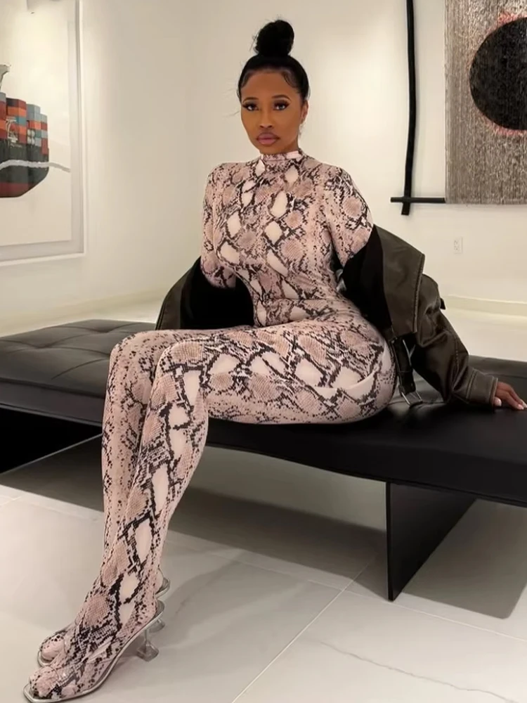Jumpsuit Wanita Motif Ular Seksi Model Zipper, Tren Musim Semi, Kerah O, Lengan Panjang, Bahan Stretch, Cocok untuk Klub, Olahraga, dan Aktivitas Santai