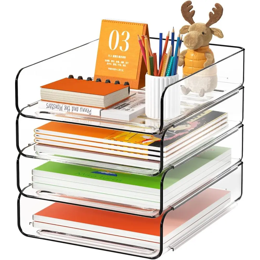 4-Tier Clear Acrylic Stackable Paper Organizer for Desk, Documents, Files, A4 Paper, Books, and Mail Storage - Ideal for Office