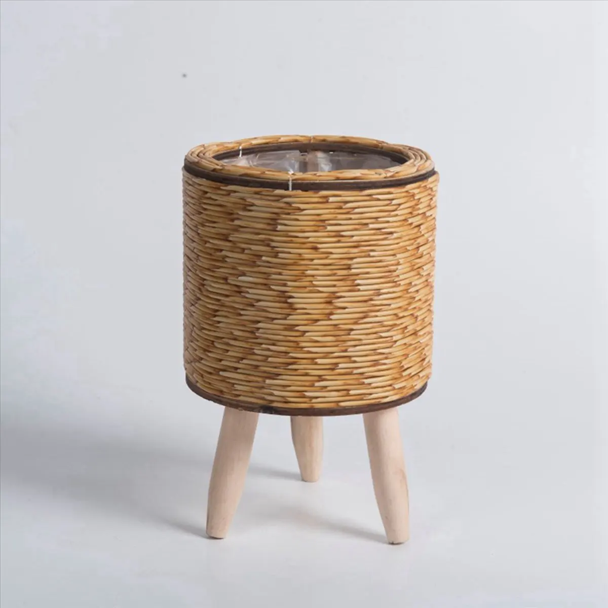 A06K 2X Vintage Imitation Rattan Woven Flower Shelf Planters Handmade Basket with Wooden Legs Plant Pot Stand Holder,E