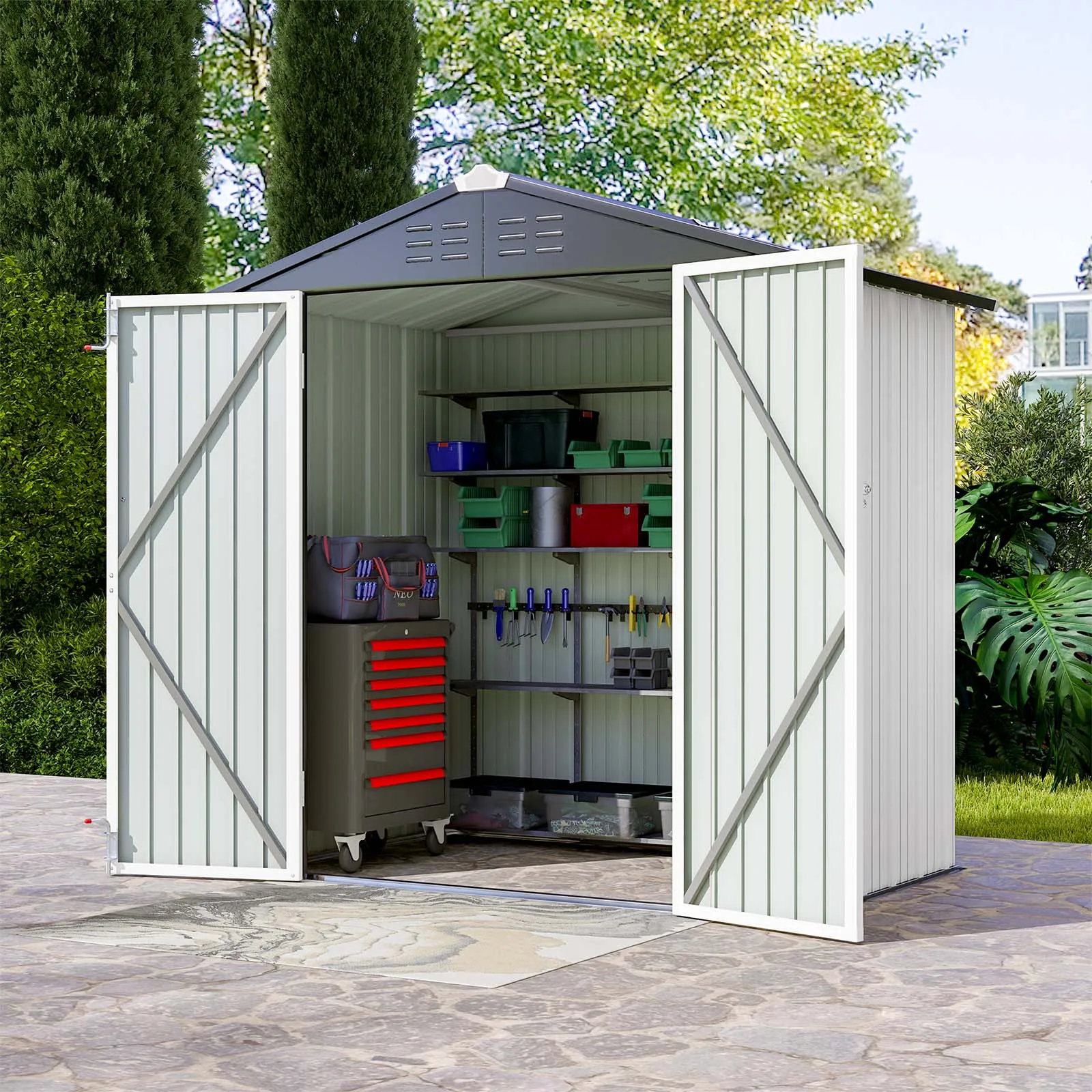 

Victone 6' x 4' Metal Outdoor Storage Shed, Steel Utility Tool Shed Storage House with Door & Lock for Backyard Garden, White