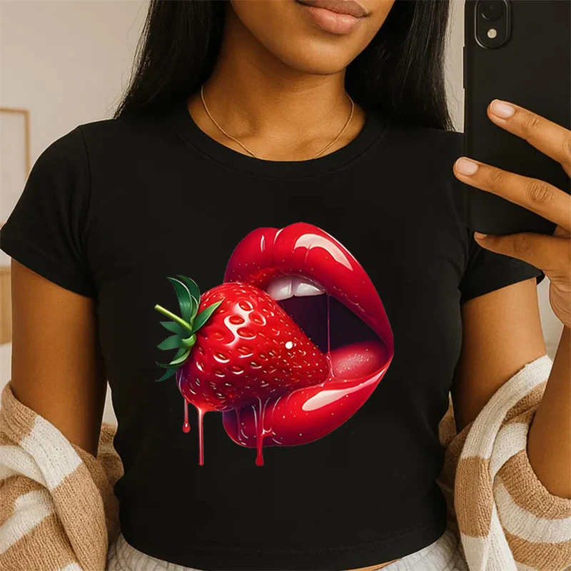 

Strawberry Lip Print Design Tee Crop Top Watercolor Lip Print Women Casual Wear Fashion Short Sleeves Lip Sexy Cotton Crop Tops