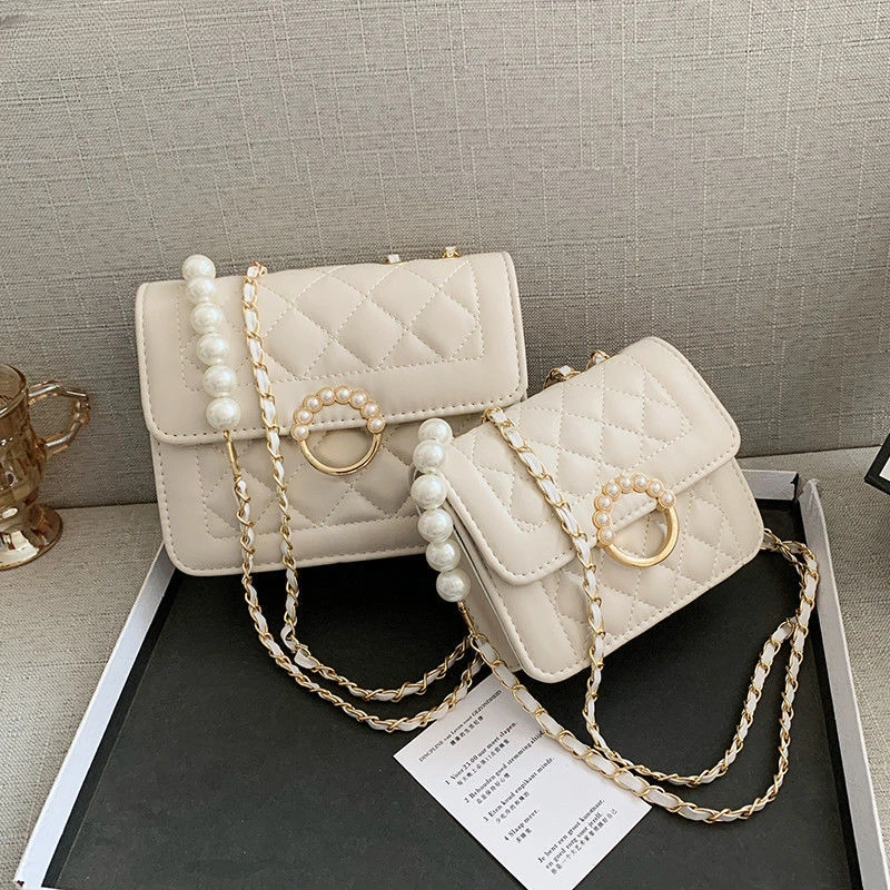 Shoulder Bags for Women Pearls Fashion Diamond Lattice PU Hand Bag Femme Cross Body Chain OL Temperament Luxury Mini Flap Trendy