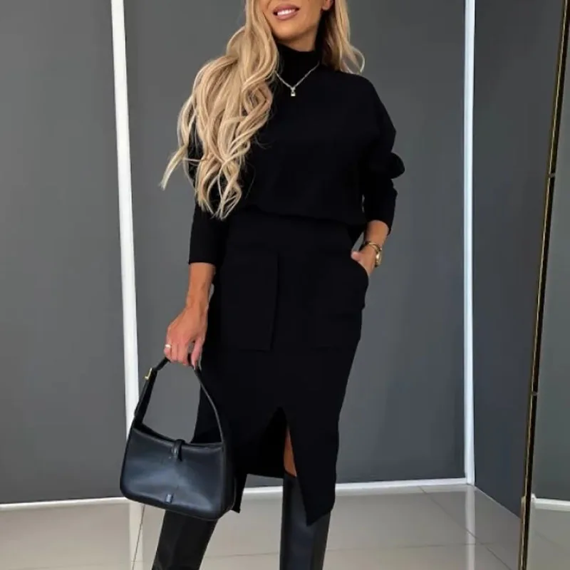 Chic Commute Office Outfits Lady Solid Turtleneck Top And Slim Slit Pocket Suits Elegant Women Knitted Skirt Two Piece Set