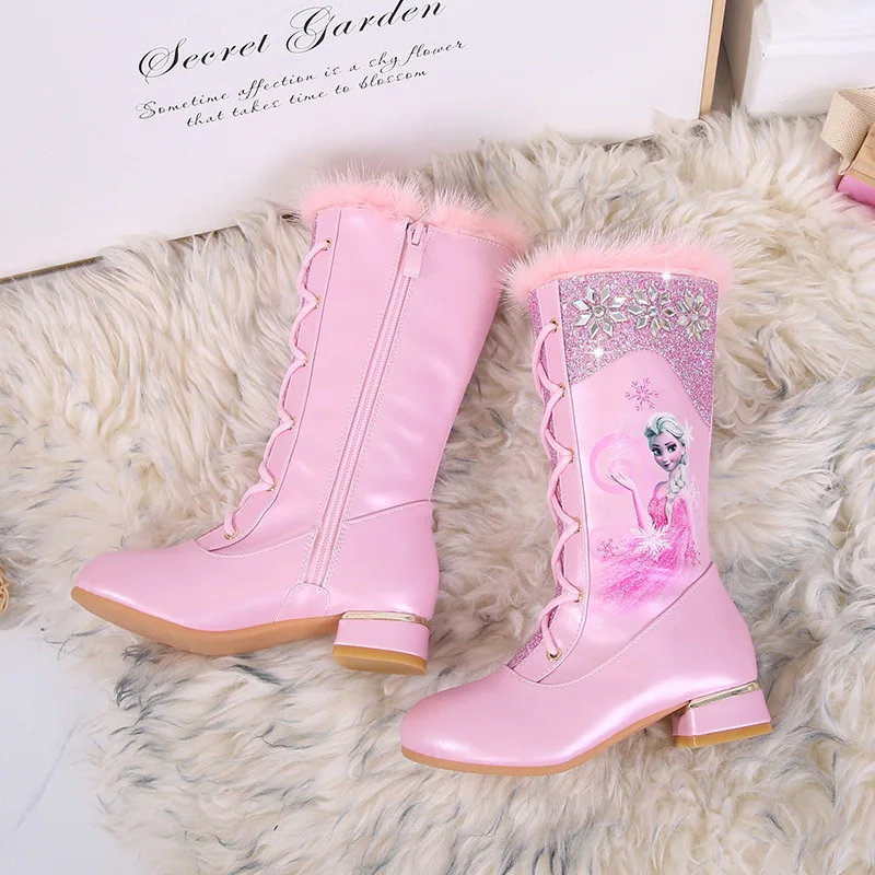 Girls High Heel Boots Winter New Princess Elsa Long Boots Children High Boots Fleece-lined Knight Little Girl Shoes Fashion