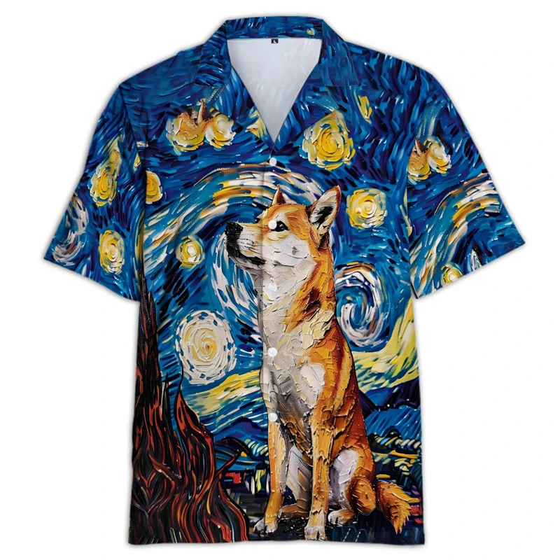 Shiba Inu kemeja motif 3D untuk pria, baju atasan pantai anjing lucu uniseks blus kerah kasual Hawaii untuk pria dan wanita