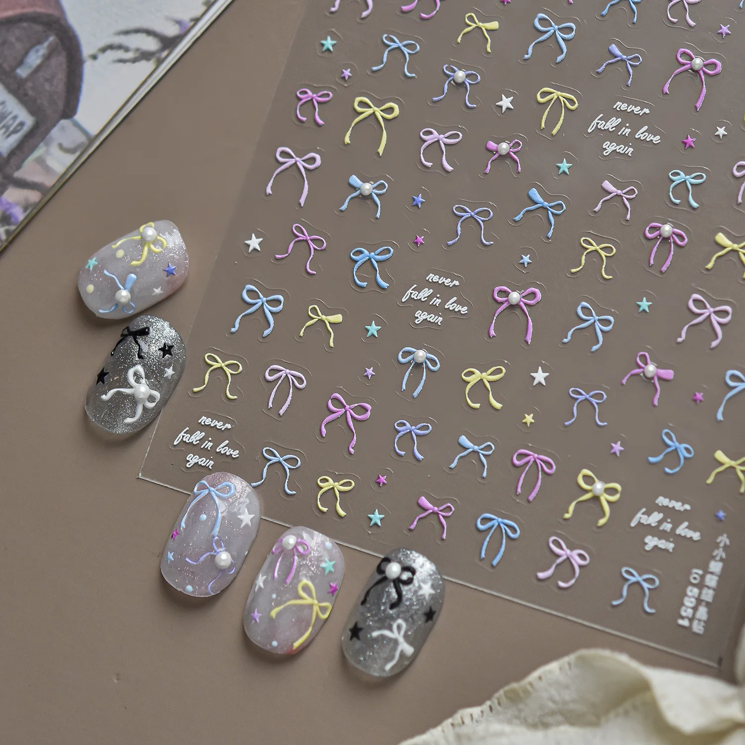 Cute Sweet Bowknot 5D Nail Stickers Macaron Rainbow Bow Blue Yellow Purple Tiny Bow Star Pearl Self Adhesive Manicure Supplies