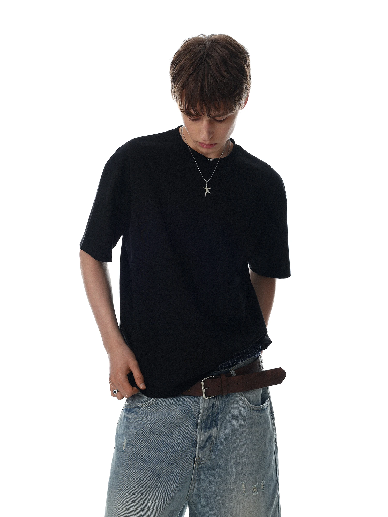MRNEARLY American Retro Casual  Color Short Sleeve T-Shirt Men's Loose Simple Hole Upper Body Cotton Spring Summer