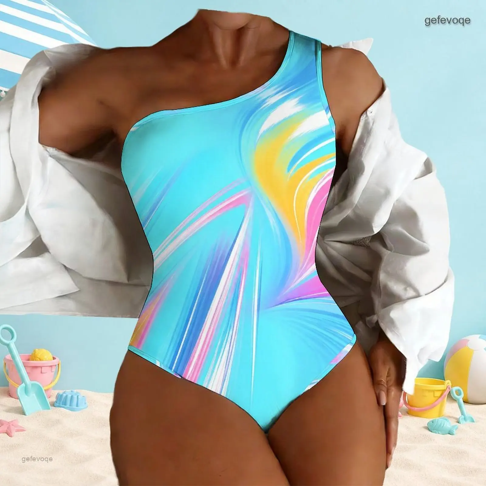 Women Printed Swimsuit One Shoulder One Piece Asymmetric Neck