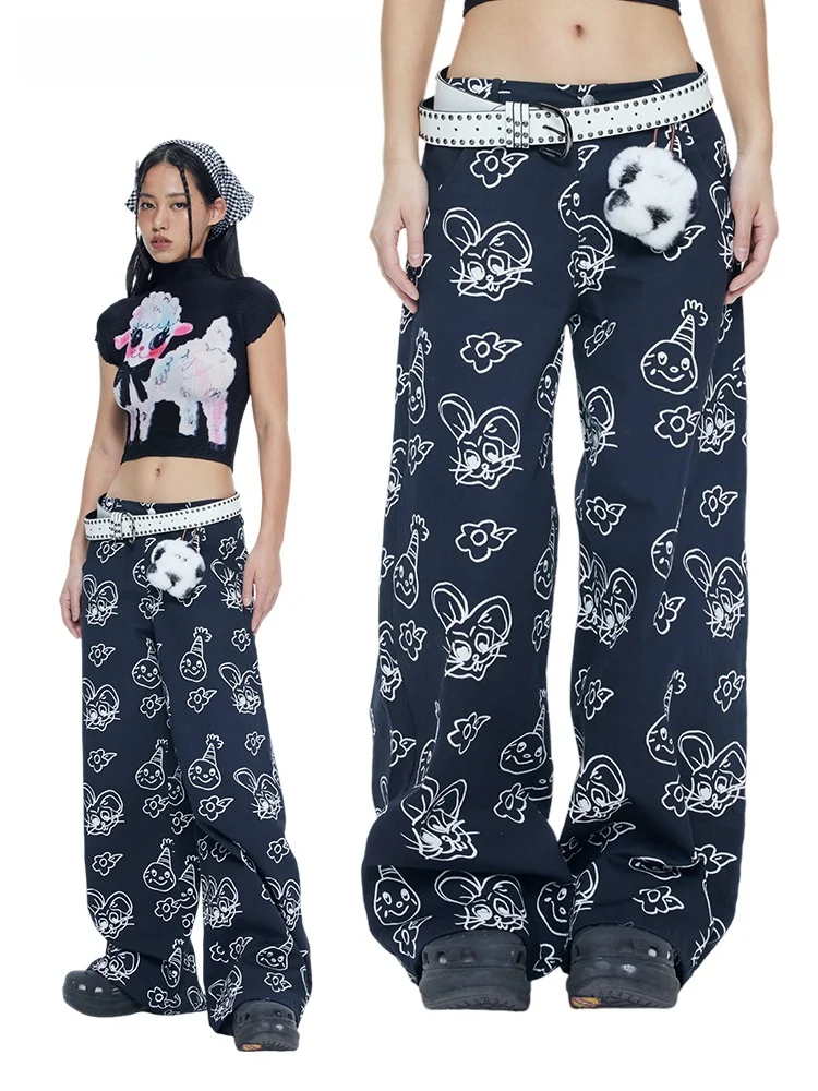 MOF Girl Versatile Black White Graffiti Wide Leg Casual Workwear Trousers High Waist Straight Cut Non-Stretch Denim Jeans
