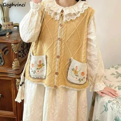 Autumn Sweater Vests for Women Vintage Embroidery Designed Kawaii Preppy Style Fashion Students Aesthetic Versatile Loose Chic