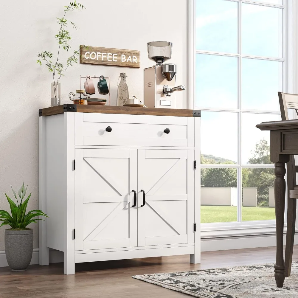 Modern Farmhouse Buffet Sideboard with Drawer and Adjustable Shelf, Barn Door Storage Cabinet forBathroom, Entryway