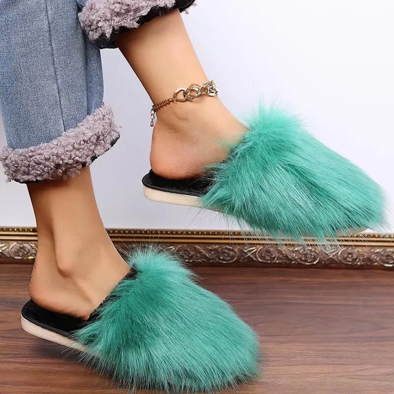 

2024 Women Winter Fur Slippers Warm Indoor Soft Sides Short Plush EVA Home Cotton Shoes Mules Casual Shoes Female Wedge Slippers