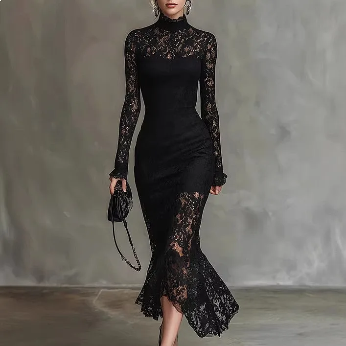 Elegant Black Stretch Lace Mermaid Evening Dress Long Dresses for Party Spring Summer Matching Set