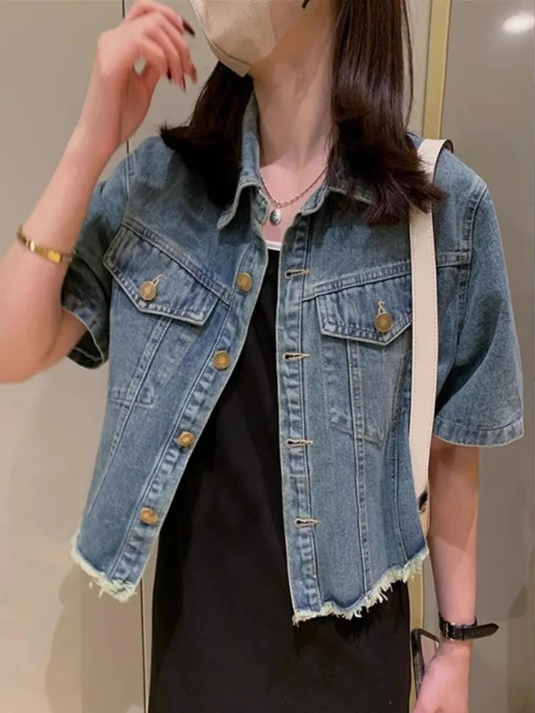 

Retro Hong Kong Style Frayed Denim Jacket Women Summer Short Sleeve Shirt Large Size Design Sensation Short Jacket Top