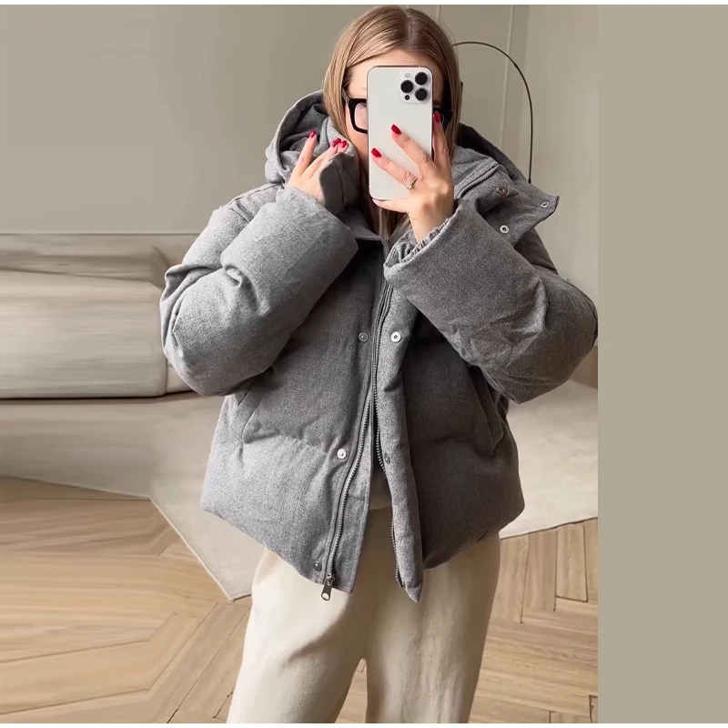Hooded Stand Collar Fitted Puffer Coat Zip‑Up Oversized 2026 Winter Women Warm Padded Jacket Glam Causal Lady Cotton‑Padded Coat