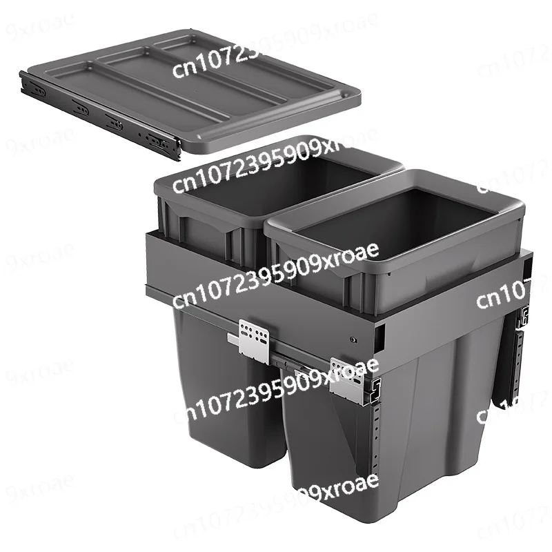 

Dual Compartment Hidden Garbage System with Lid & Drawer Slide-Built-In Kitchen Cabinet Trash Bin - -