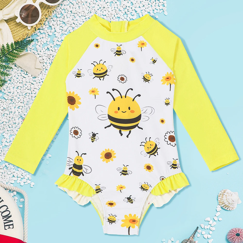 

Baby Toddler Girl Long Sleeve Ruffle Swimsuit One Piece Zipper Rash Guard Bathing Suit Novelty Print Beach Swimming Costume