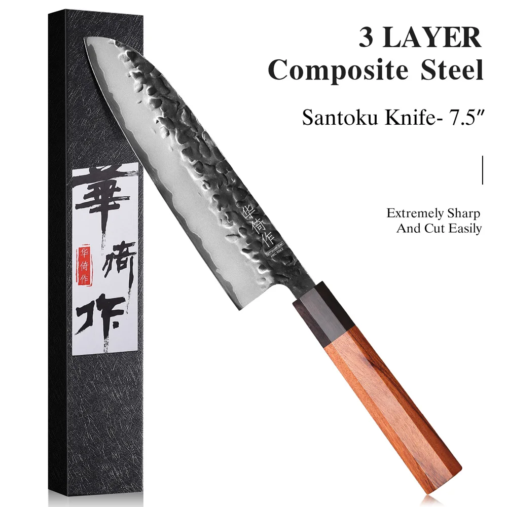 Cuchillo de Chef Profesional Japonés de 7.5 Pulgadas, de Acero Compuesto de 3 Capas, para Rebanar, Multiusos, para Cocina, Forjado a Mano, Tipo Santoku