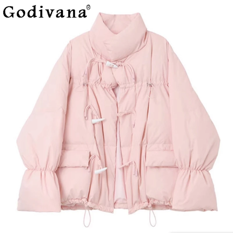 

Women Winter Pink Thickened Short Horn Buckle Cotton-padded Coat Fashion Loose Solid Color Sweet Korean Long-sleeved Jacket