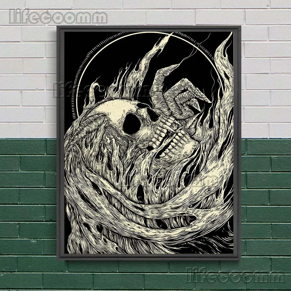 Vampire Skull Black And White Vintage Wall Art Canvas Painting Creepy Skull Dark Gothic Art Poster Print For Living Room Decor