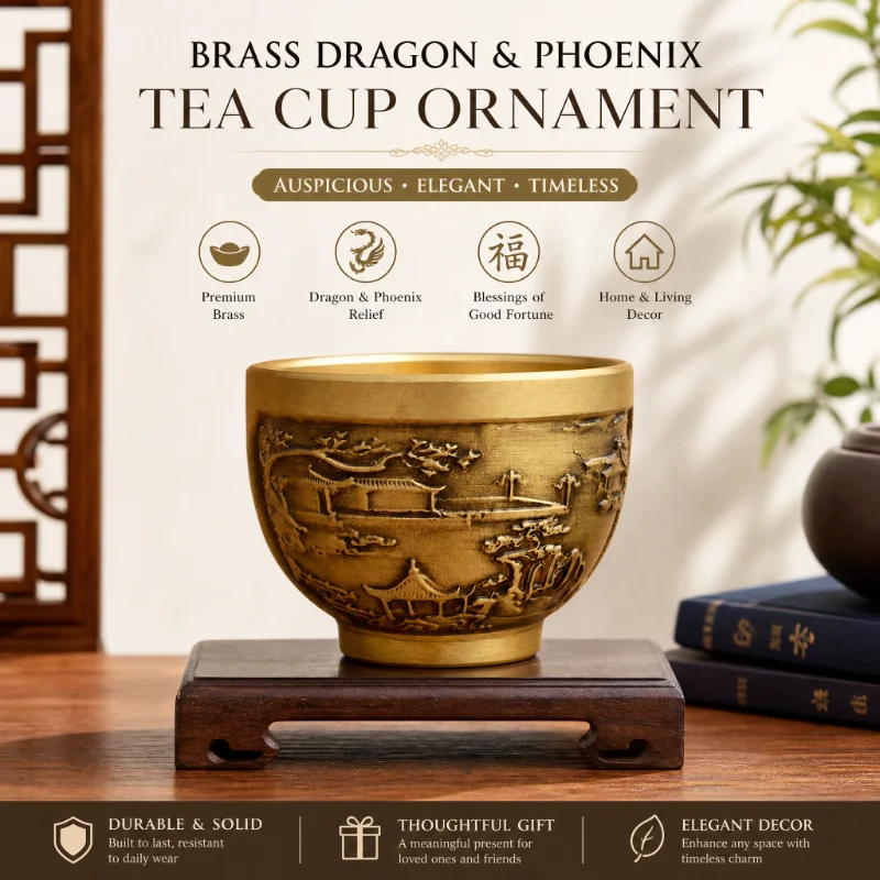 Creative Brass Dragon Phoenix Carved Wine Cup Antique Metal Craft Desktop Ornament Mini Teacup for Office Tea Drinking