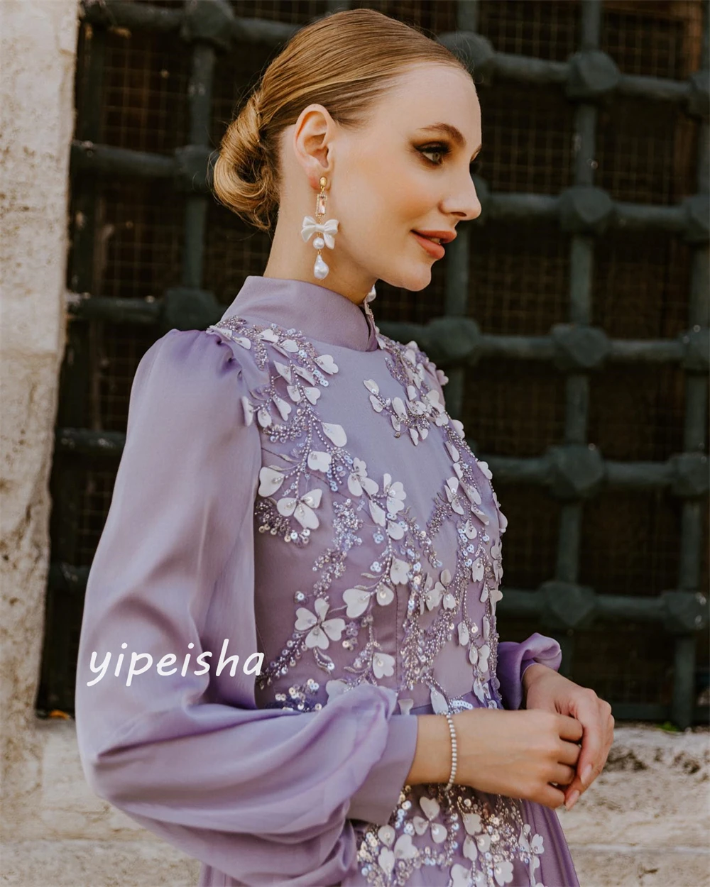 Jiayigong-Chiffon vestido drapeado, Plissado lantejoulas, Colarinho alto, A-Line, Vestidos longos, Festa de casamento, Ocasião sob medida