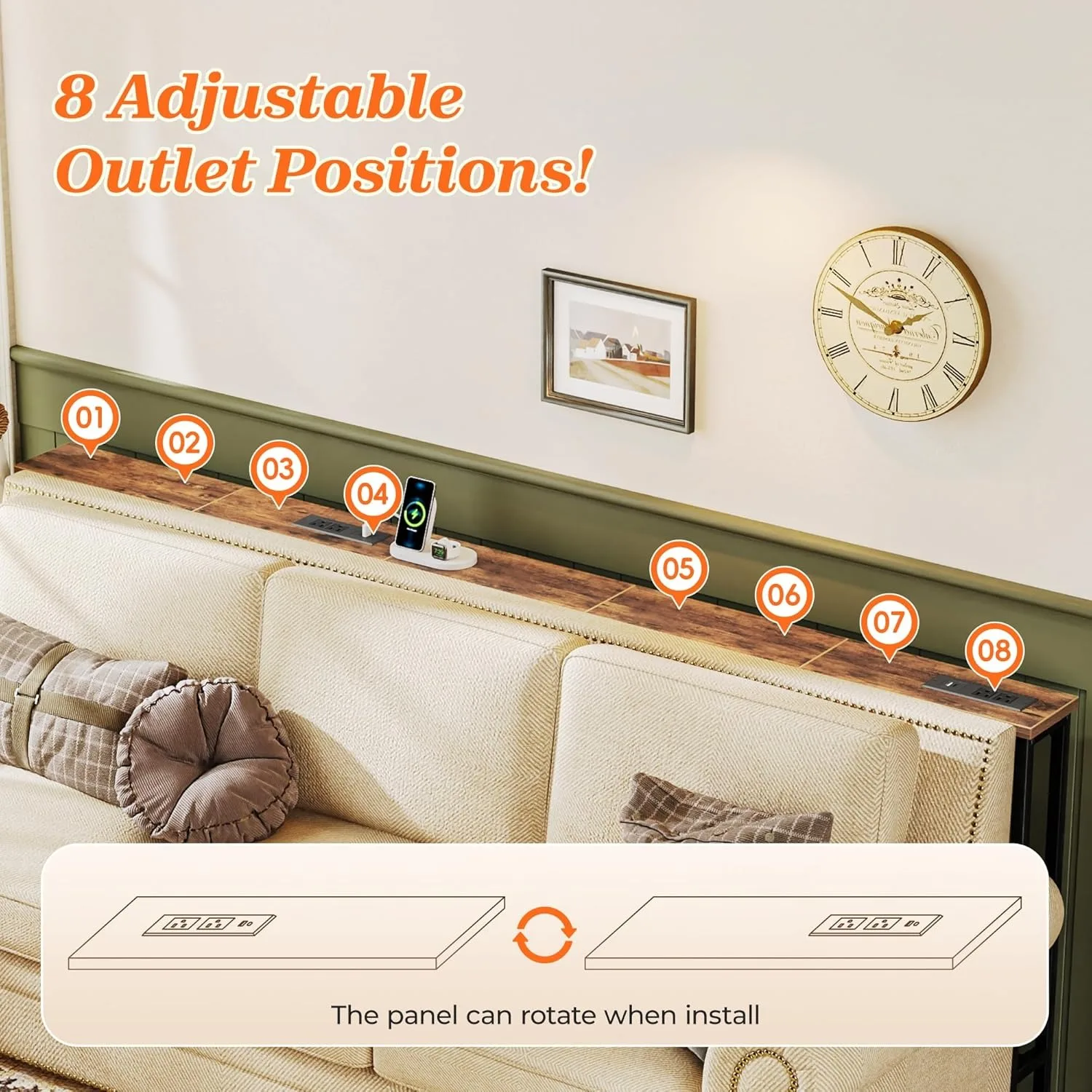 طاولة أريكة مقاس 79 بوصة مع مخرجين طاقة ومنفذ USB-C، وطاولة وحدة تحكم ضيقة مقاس 5.9 بوصة مع مساحة تخزين، بني ريفي #6