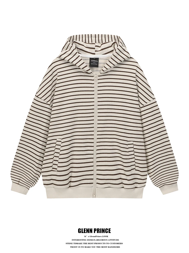 

Korean Sle Striped Hoodie Cardigan Men's Sweatirt Spor Casual High Street Trend Outerwear for Teens And Couples