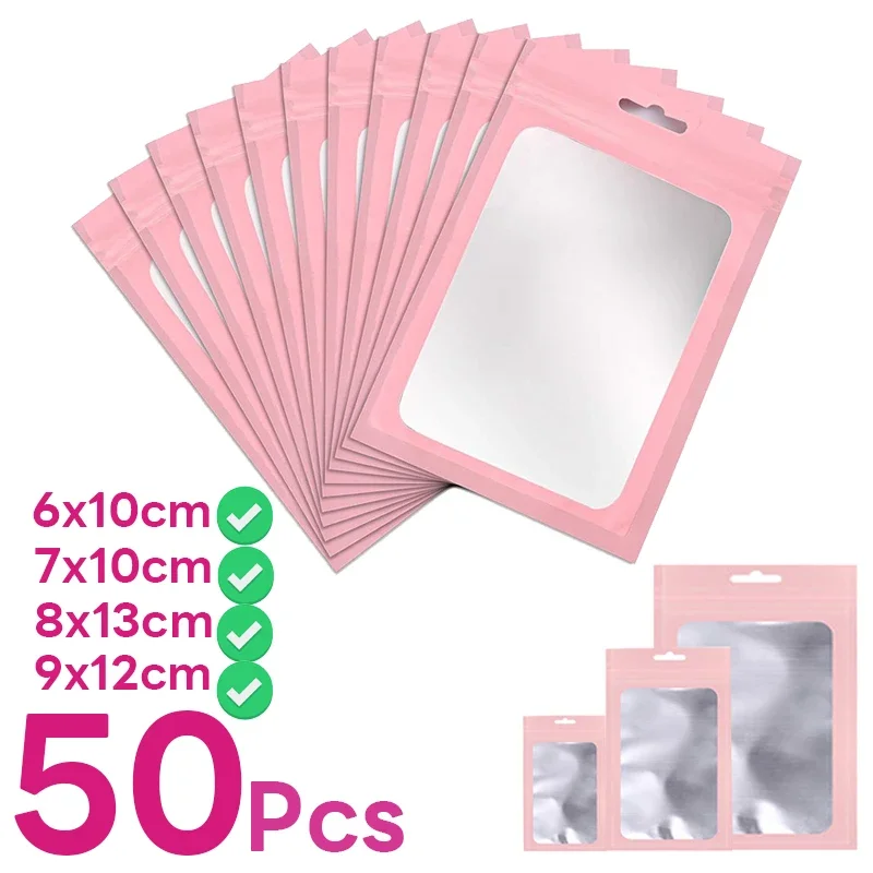 

50Pcs Pink Plastic Matte Pink Aluminum Foil Zip Lock Packaging Bag Jewelry Necklace Storage Pouch Small Sachets Food Sample Bags