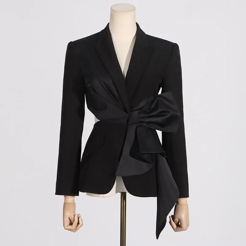 Summer Black Bow Women Suit 1 Piece Blazer Long Sleeve Formal Office Lady Work Cotton Jacket Coat Sexy Hollow Coat Outfit