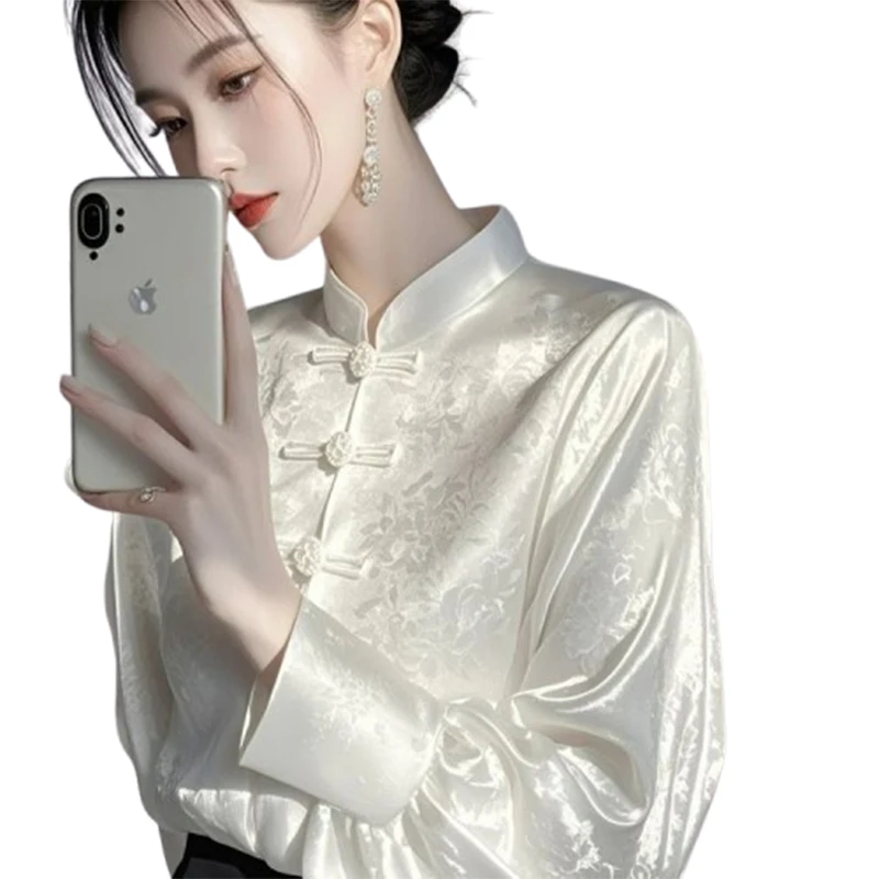 Satin Silk Jacquard Blouses Women Long Lantern Sleeve Retro Tops Office Lady Casual Wear Shirts Oversized
