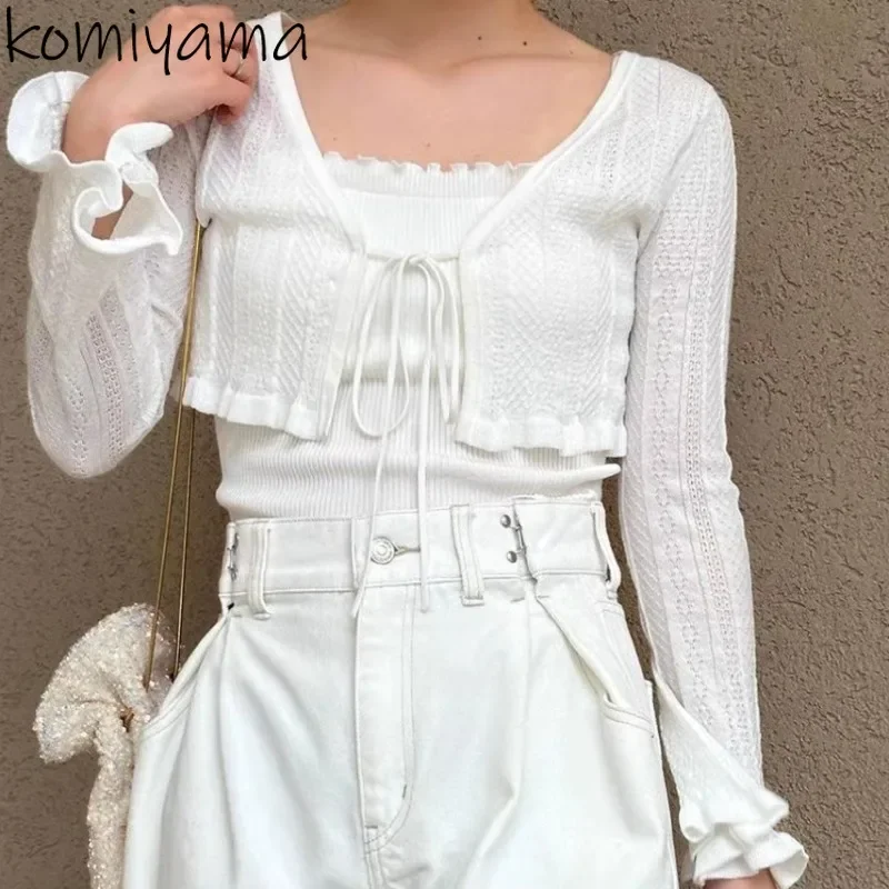 2025 New Knit 2 Piece Sets V Neck Flare Sleeve Lace Up Bow Fungus Jumper Cardigan Coat + Fungus Camis Japanese Sweet Suit