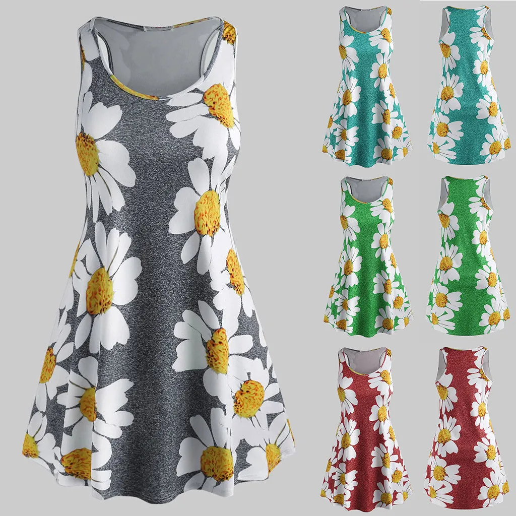 Women's Ladies Floral Print Sleeveless O-Collar Mini Dress Womens Dress Summer