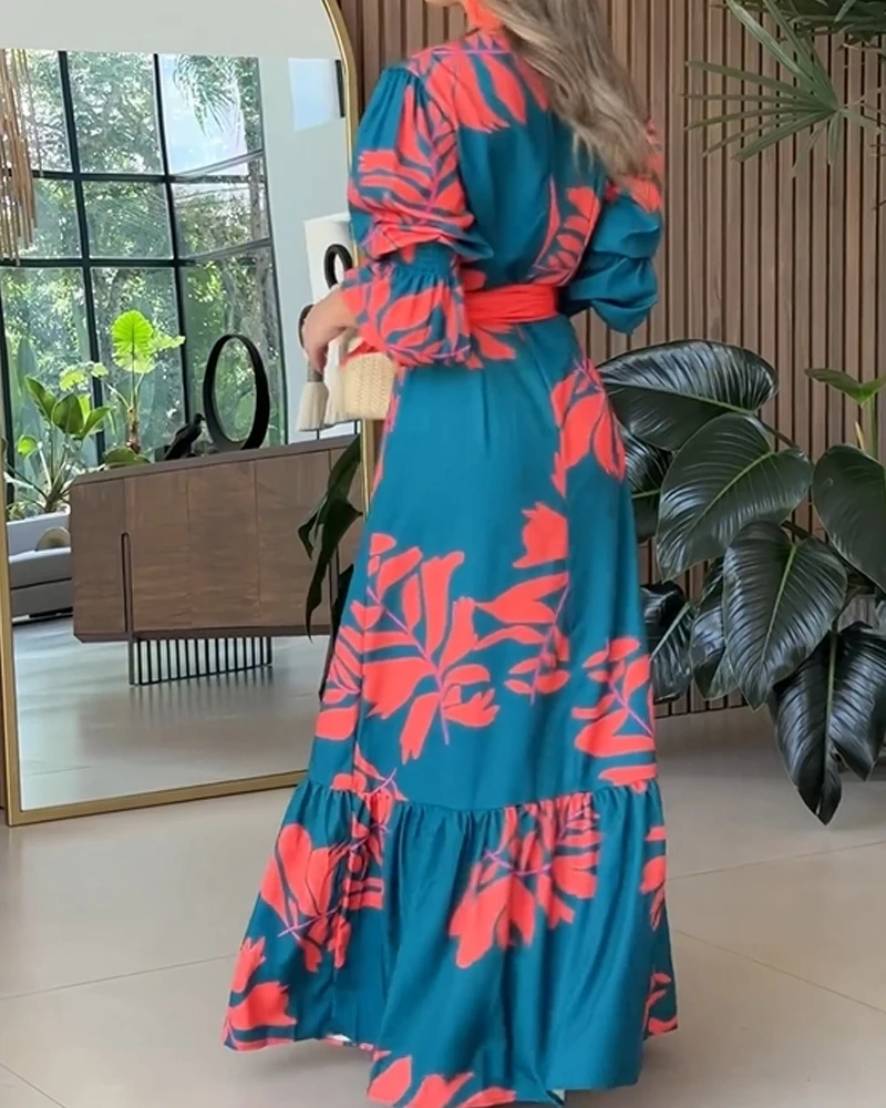 Deioao-vestido longo com decote V para mulheres, robes sexy, manga longa, solto, laço de flores, moda casual, viagem, roupas femininas, plus size