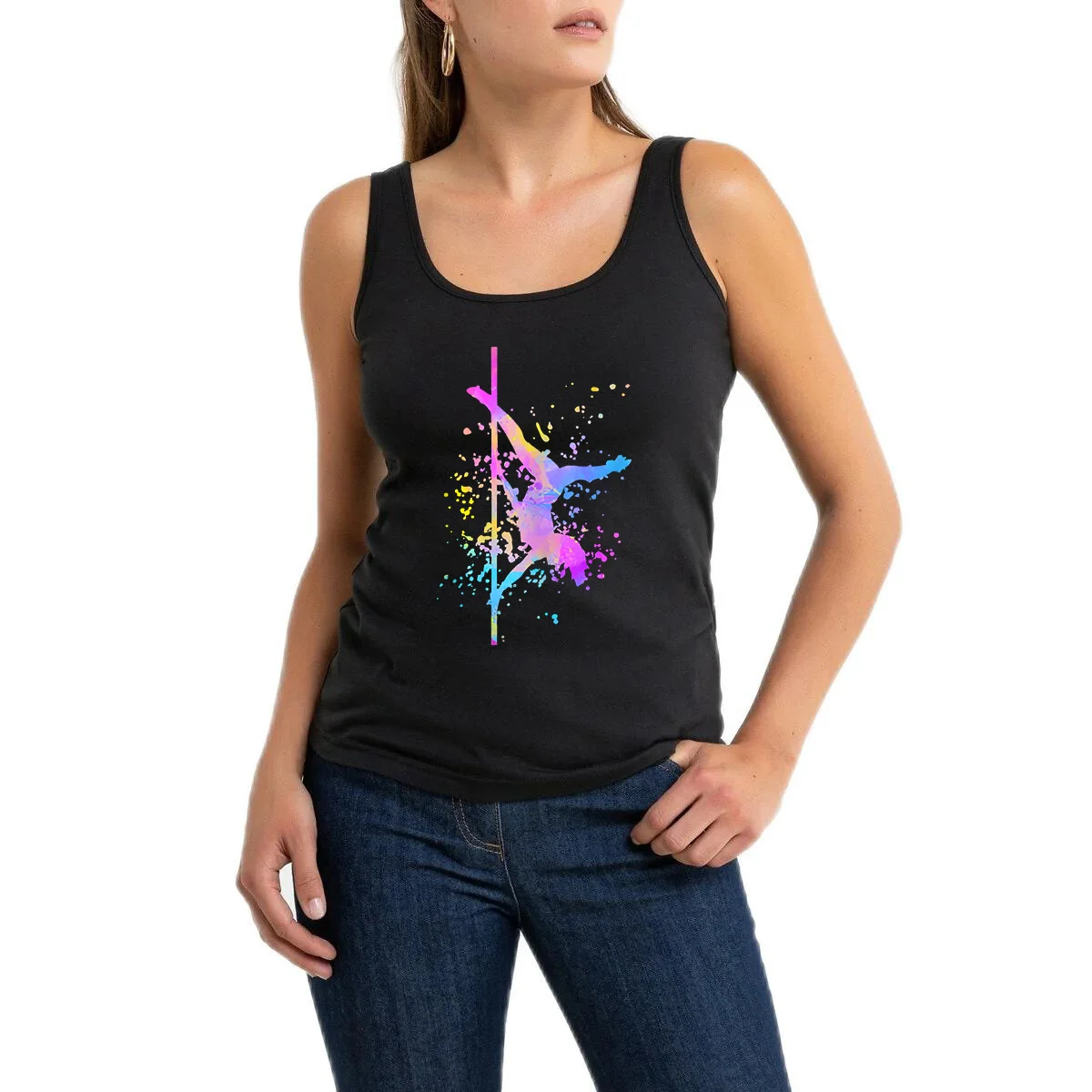 Pole Dance Fitness Paint Splatters Design Tank Top Pole Dance Bar Leisure Sleeveless Tee Gym Fitness Camisole