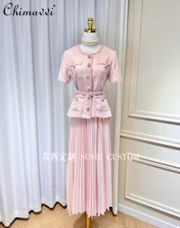 French Socialite Sequins Diamond Buckle Short Sleeve Tweed Top Elastic High Waist A-line Pleated Long Skirt Two-piece Set Women