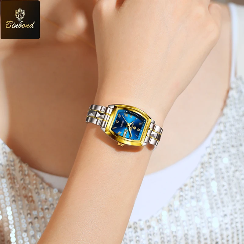 BINBOND B355 лучший бренд модные деловые женские роскошные кварцевые часы 30 м водонепроницаемые часы с датой недели спортивные повседневные женские наручные часы