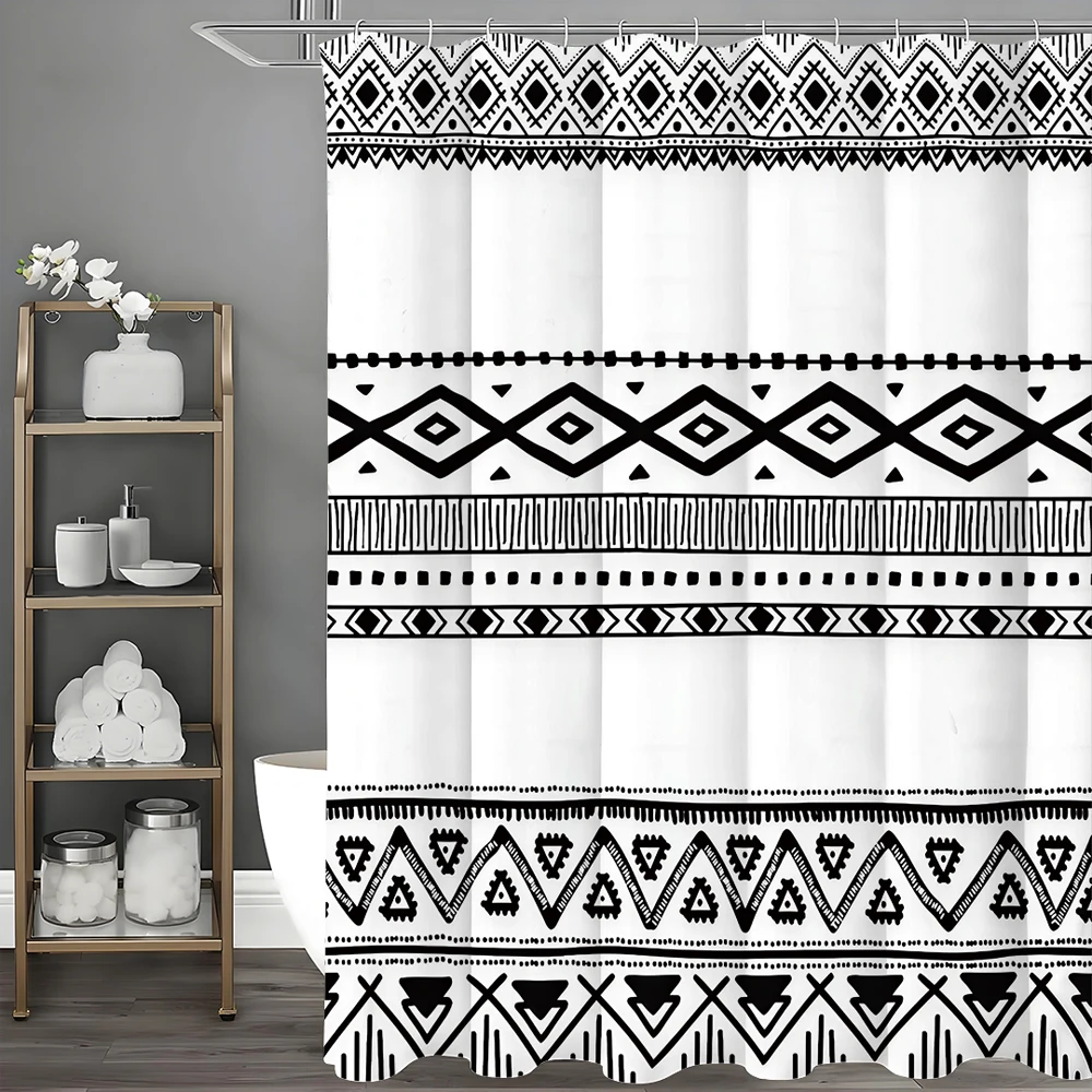 

Vintage Geometric Decorative Pattern Shower Curtain, Bathroom Decorative Shower Curtain, Waterproof Shower Curtain with Hooks