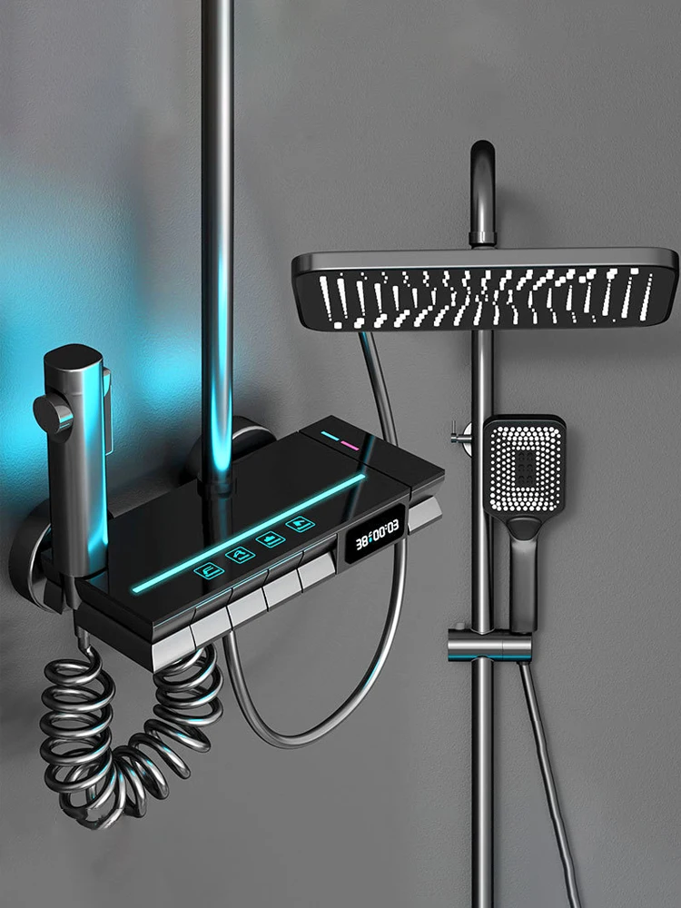 Système de douche de salle de bains, ensemble de pomme de douche à lumière LED, miroir en laiton, robinet de baignoire thermostatique, affichage numérique, douches chaudes et froides