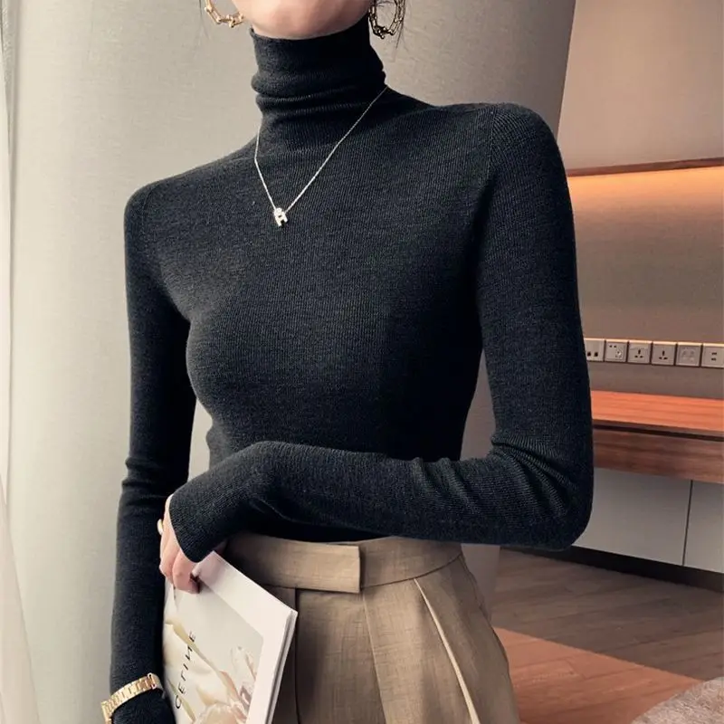 Autumn Winter New Fashion Long Sleeve Half High Collar Bottoming Shirt Solid Women's Clothing Loose All-match Knitting Chic Tops