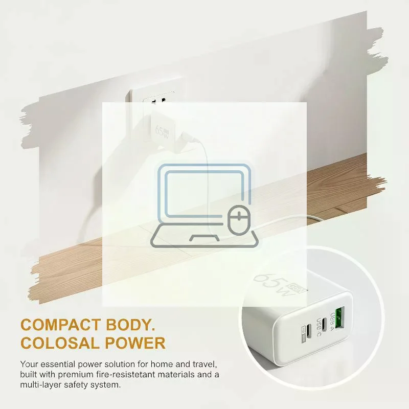 65W GaN Multi Device Charger EU Plug Dual USB C + USB A Port Fast Wall Charger Compact Design for Travel Commute Daily Use