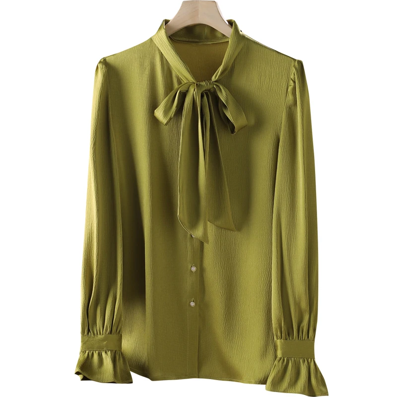 

Lenshin Soft and Comfortable Shirt for Women,High-Quality Blouse with Tie, Long Sleeve,Office Lady Work Wear, Formal Green Top