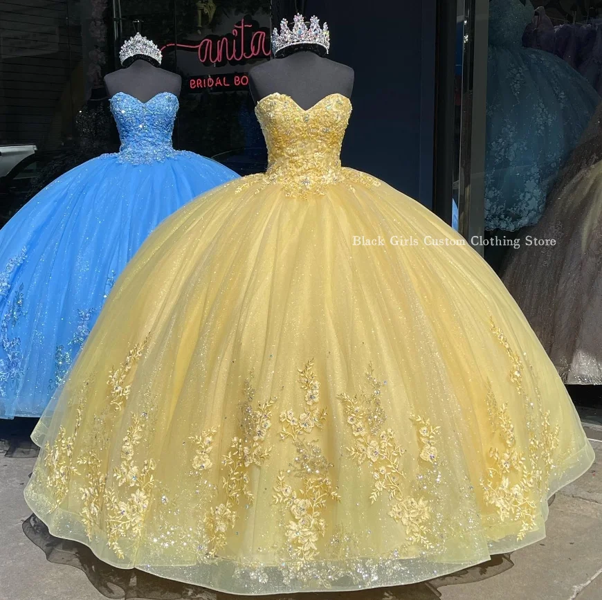 Princess Sweetheart Sheath Quinceanera Dress 2024 Gorgeous Yellow Diamante Beaded Appliqué 15 Prom Dress فساتين سهره