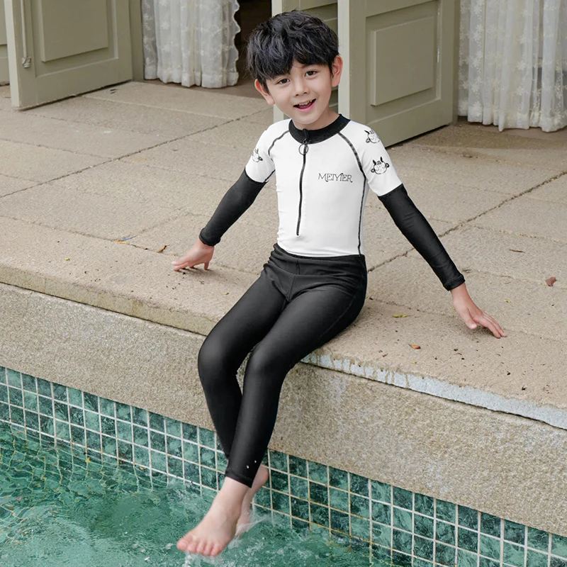 Fashion Patchwork Korean Style Wetsuit Kids One Piece Swimsuit Long Sleeve UV Swimwear Boys Full Body Swimpool Bathing Suit