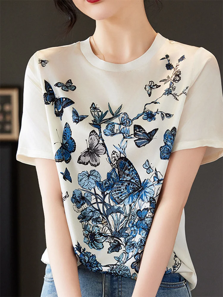 BirdTree, 90% Natural Silk Elegant T-Shirt, Women Short Sleeve ONeck Butterfly, OL Fashion Chic Tops, 2024 Summer Fall T46069QM