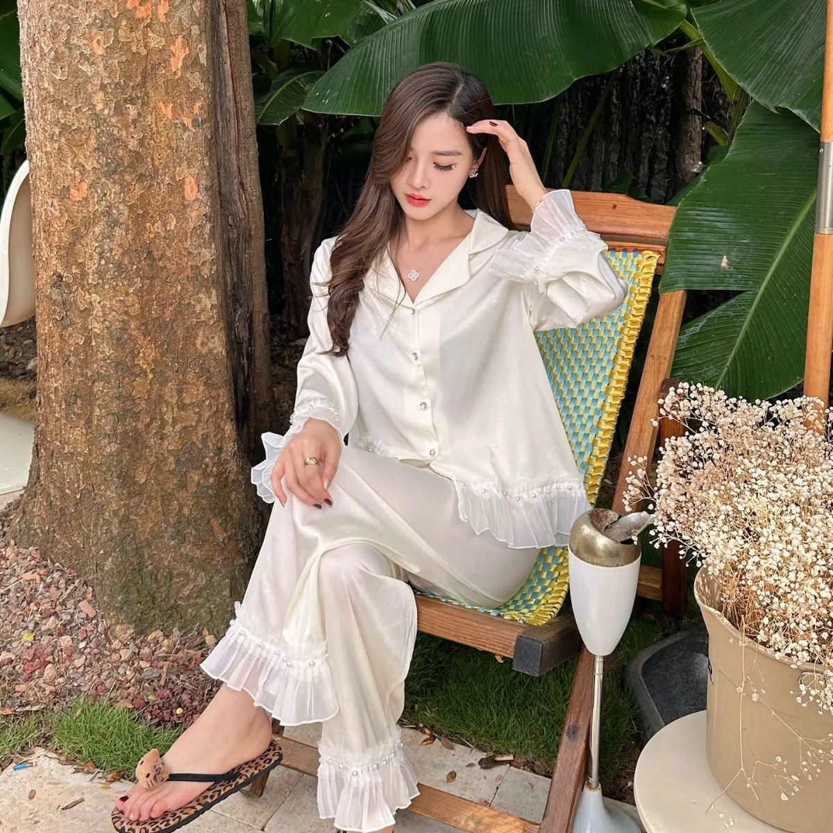 New French Sweet and Elegant Mesh Splicing Women's Summer Home Clothes Long Sleeve Long Pants Ice Silk Thin Pearl Pajamas