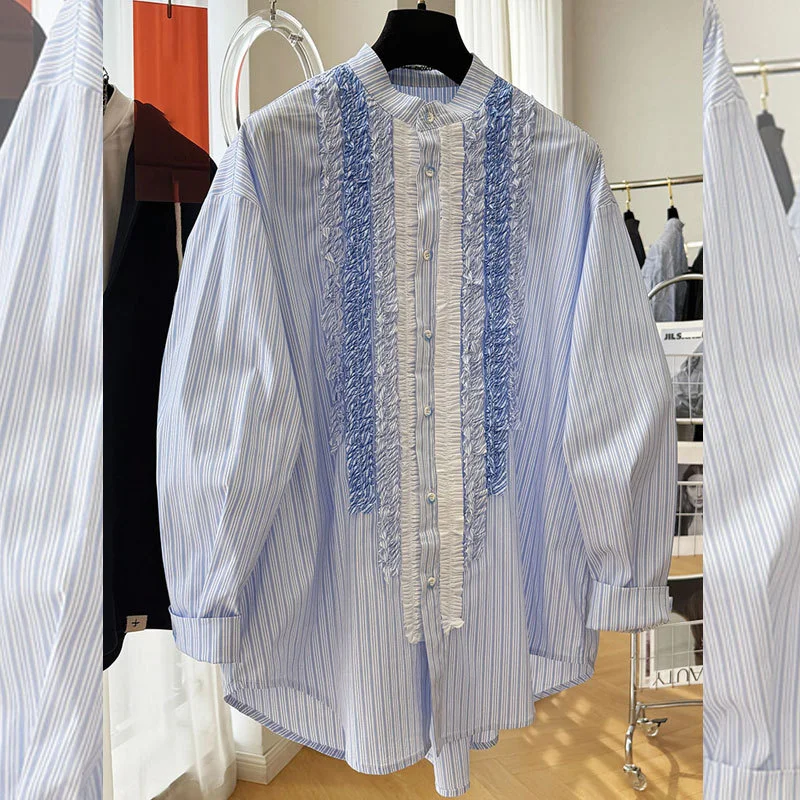 

Новая женская блузка с длинным рукавом, синяя в полоску, с кружевом, универсальная, свободного кроя, на пуговицах, с круглым вырезом, весенняя коллекция
