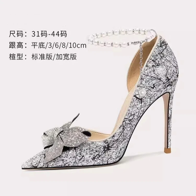 Spring and summer new pointed crystal side empty sequins flat single shoes fine heel banquet dress large size female sandals