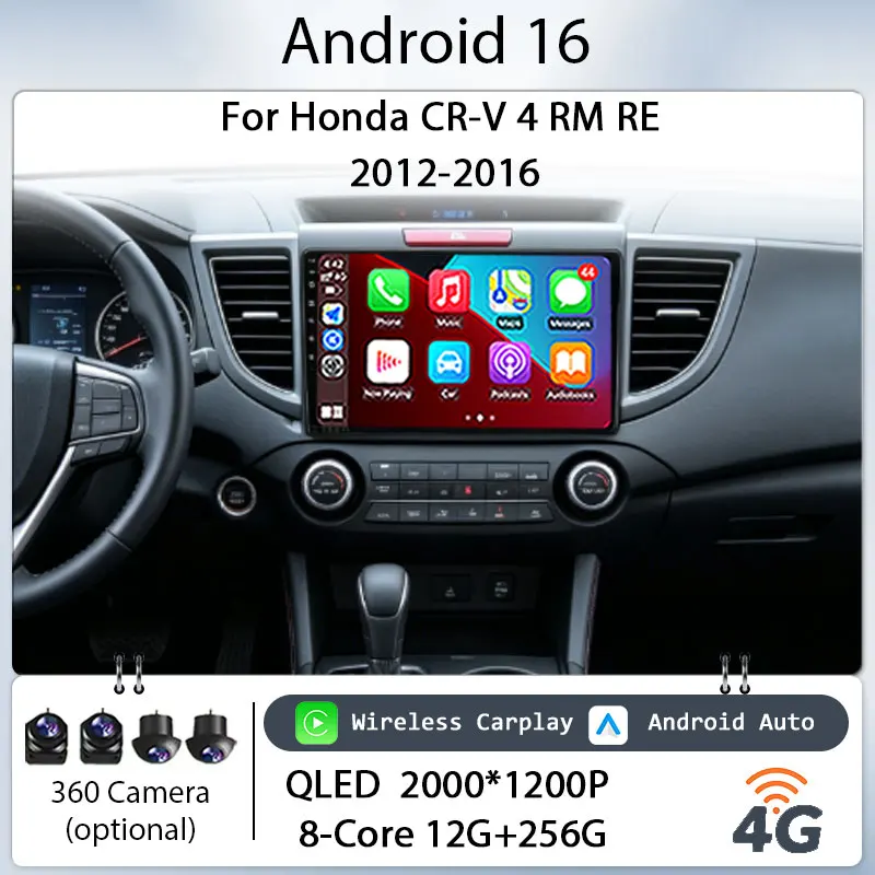Central Multimídia Automotiva 9" Android 16 com CarPlay Sem Fio, GPS, Bluetooth, 4G e DSP para Honda CR-V 4 RM RE 2012-2016 - Tela IPS HD Touch Screen
